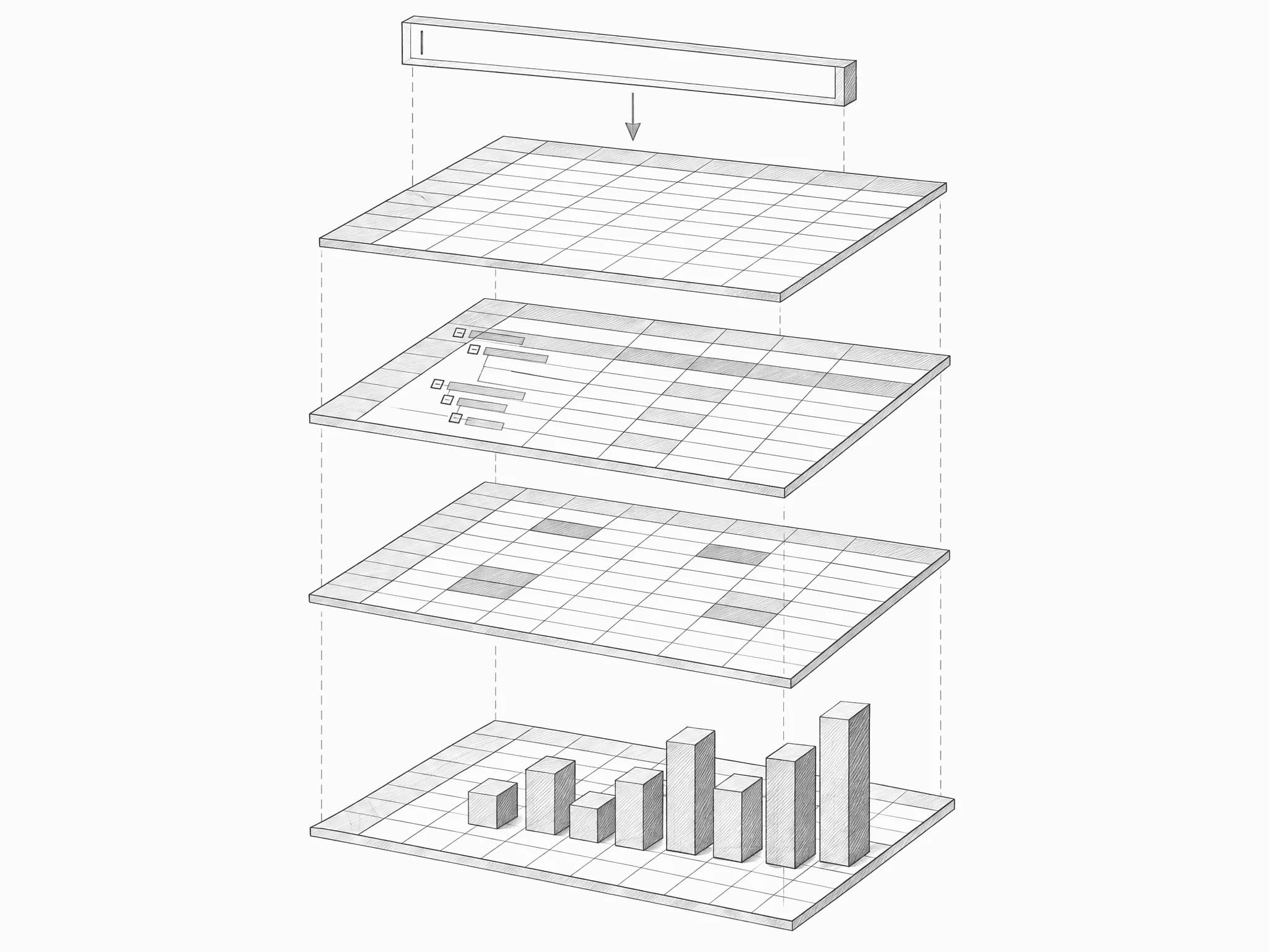 Pencil drawing of a one-line prompt above an exploded stack of spreadsheet layers and a bar chart.