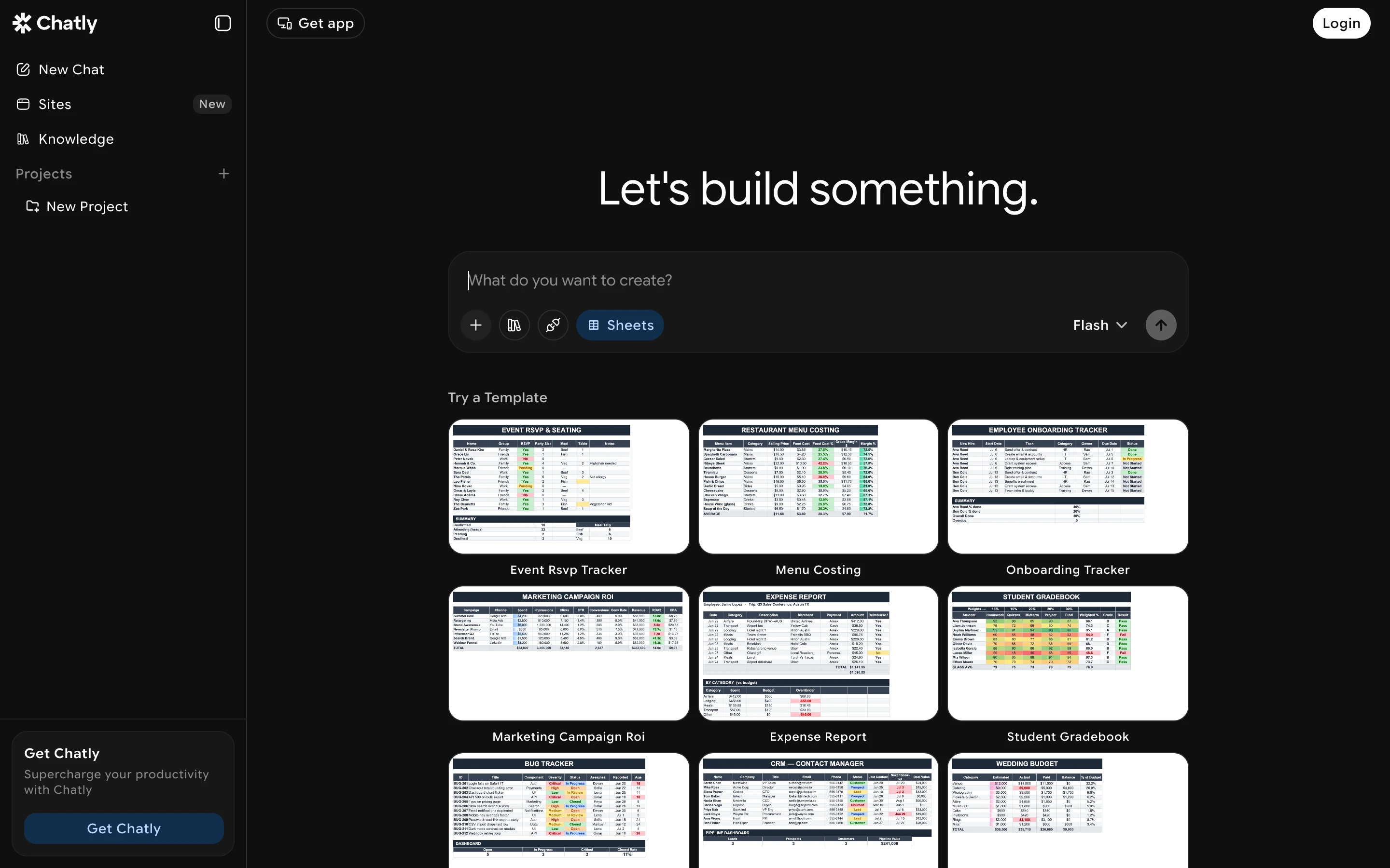 The AI Sheets page: a prompt box in Sheets mode above a grid of workbook templates.