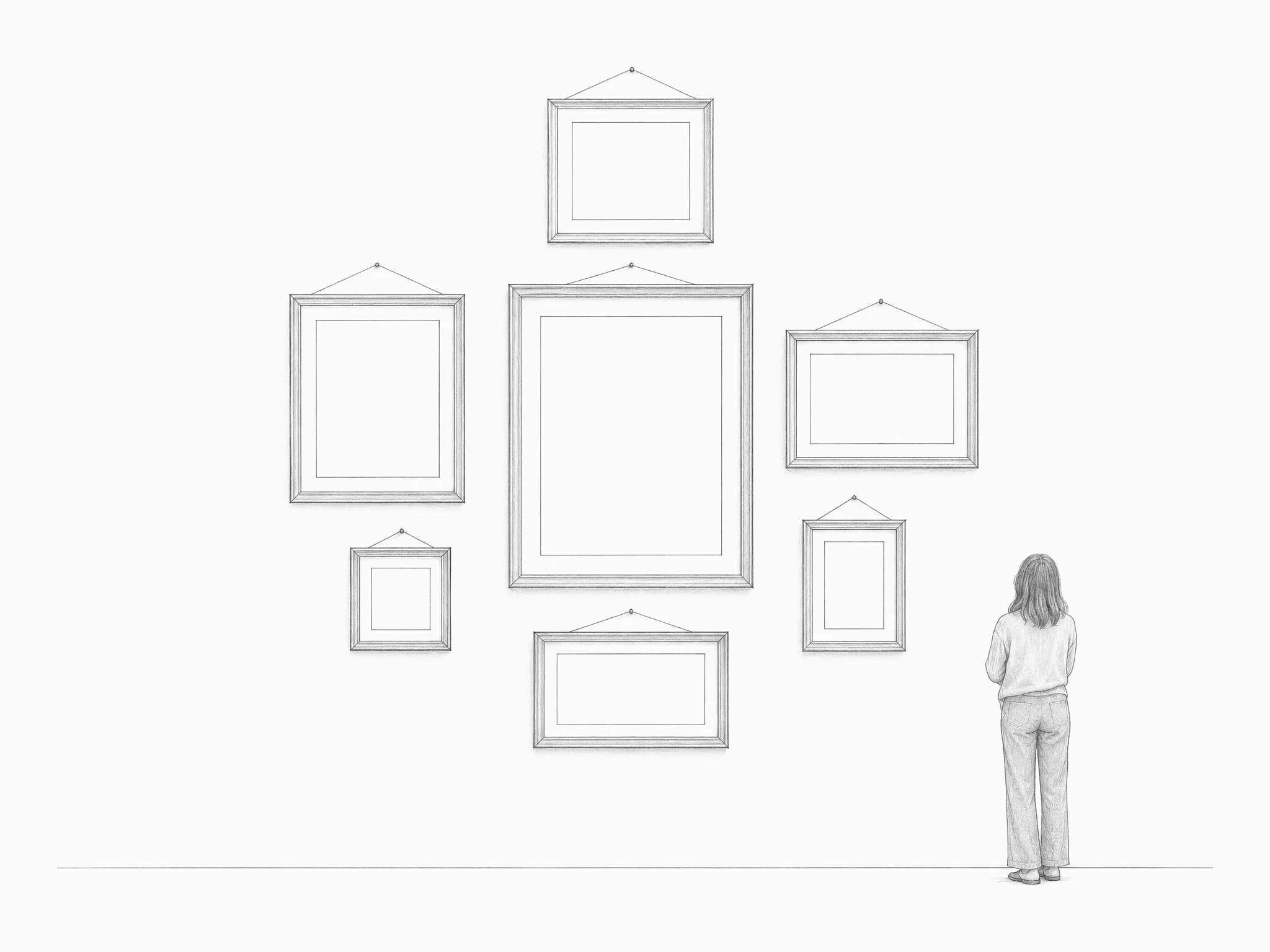 Pencil drawing of seven empty frames hung together on a gallery wall, with a visitor for scale.