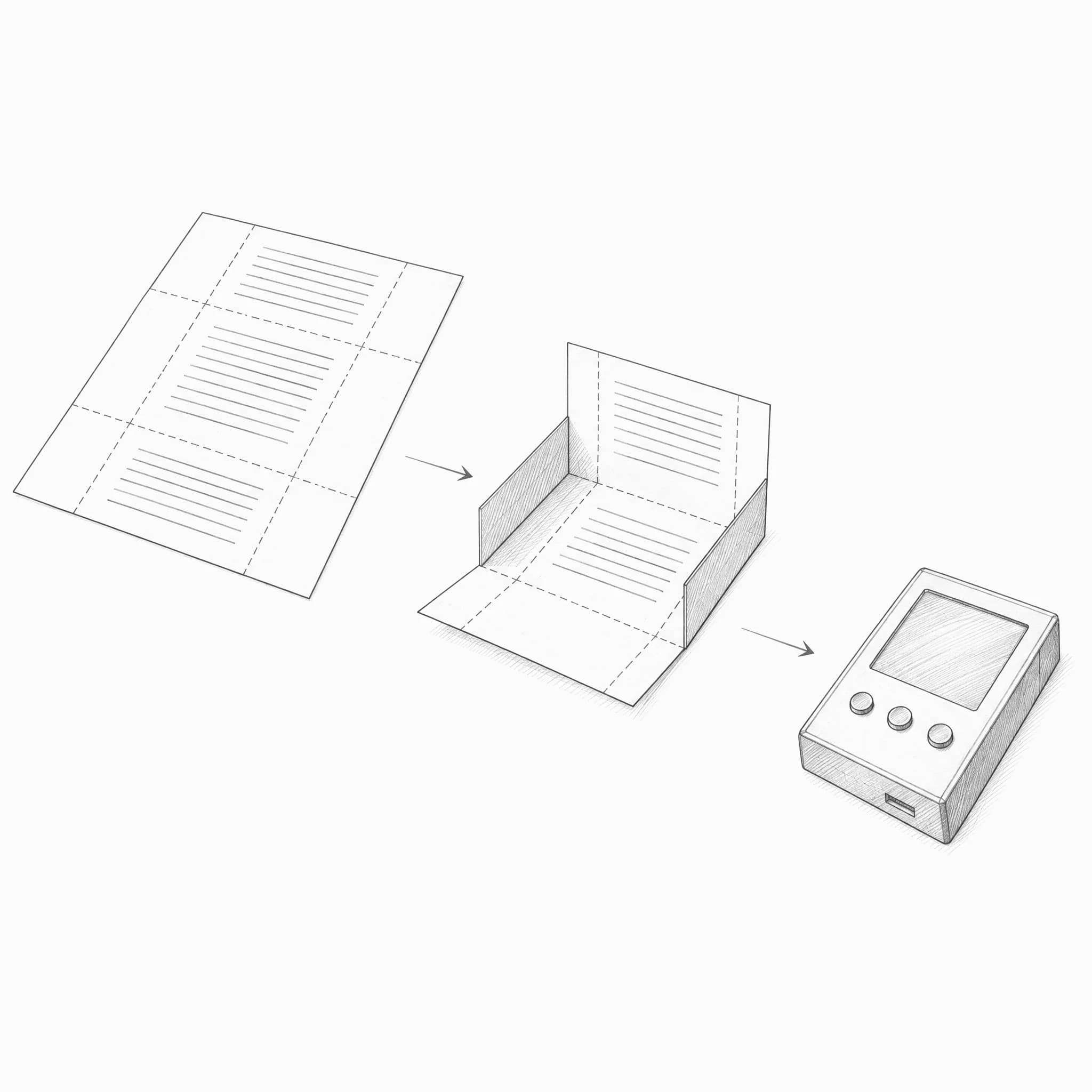 Pencil drawing of a printed specification folding, step by step, into a finished handheld device.